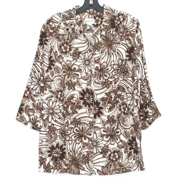 Chicos Top Linen 3/4 Sleeve Boho Cottage Coastal Floral Button Brown 1 Medium 8 - Picture 1 of 2